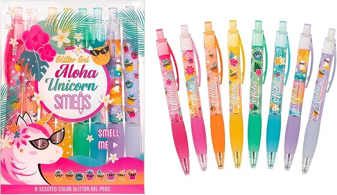 Glitter Gel Smens (Aloha Unicorn) - Patented Gourmet Scented Pens, Colored Glitter Gel Ink, Medium Point, 8 Count