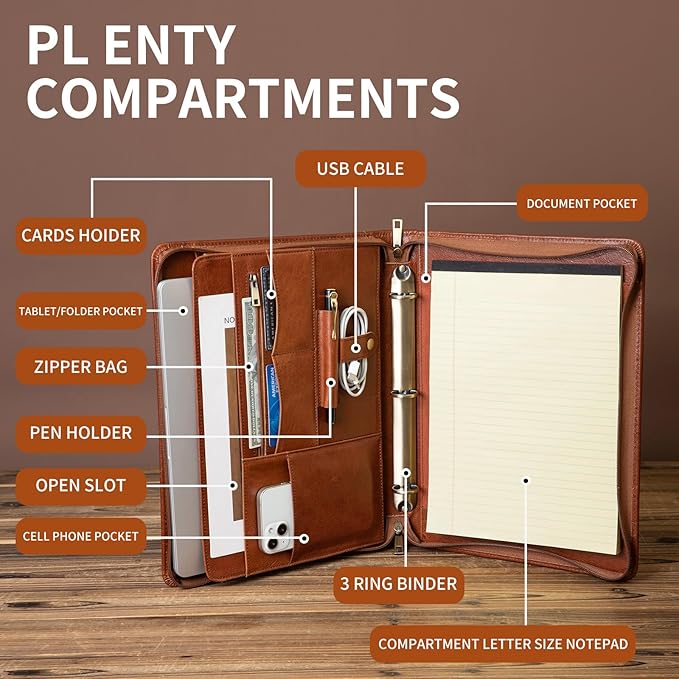 YIWEN Handmade Crazy-Horse Leather 3 Ring Binder Portfolio Padfolio Folder with Zipper for Men and Women, Business Organizer for Letter A4 Size for Meeting and Travel (Custom Engraved, Oil Wax-Brown)