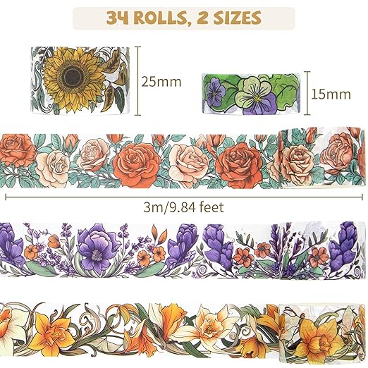 Flower Washi Tape Set, 34 Rolls Floral Tapes for Journaling Supplies, 25mm and 15mm Decorative Tape for Crafts, Christmas Gifts for Moms, Girlfriends, Kids (Rose, Sunflower, Lavender)