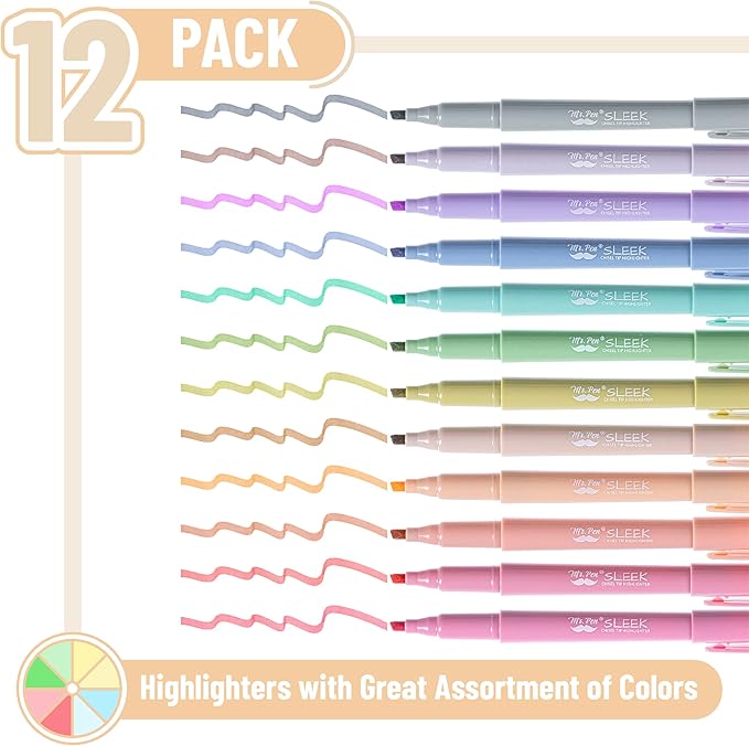 Mr. Pen Highlighters - 12 Pack, Chisel Tip, Pastel Colors, No Bleed, Set