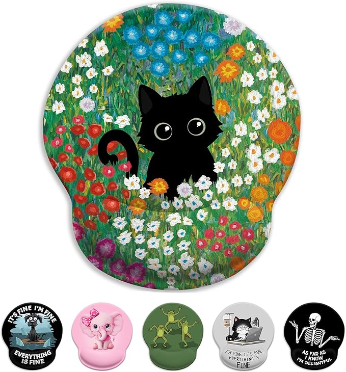 Black Cat Mouse Pad, Ergonomic Mouse Pad with Wrist Rest, Gaming Mouse Pad Wrist Support with Non-Slip Pain Relief PU Base, Funny Mouse Pads for Desk Work, Cute Office Desk Accessories Decor