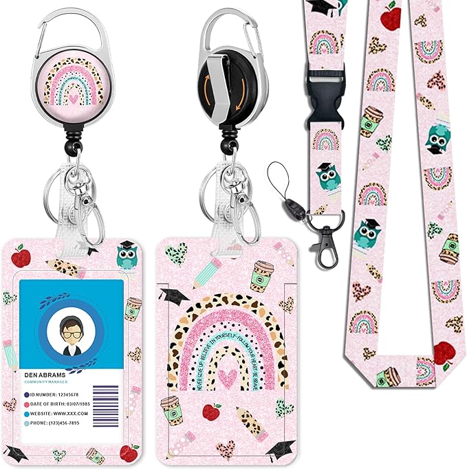 Rainbow Teacher Lanyards for Id Badges, Cute Badge Reel Heavy Duty with Carabiner Clip, Fashionable ID Badge Holder with Breakaway Lanyard, Teacher Nurse Office Christmas Gifts