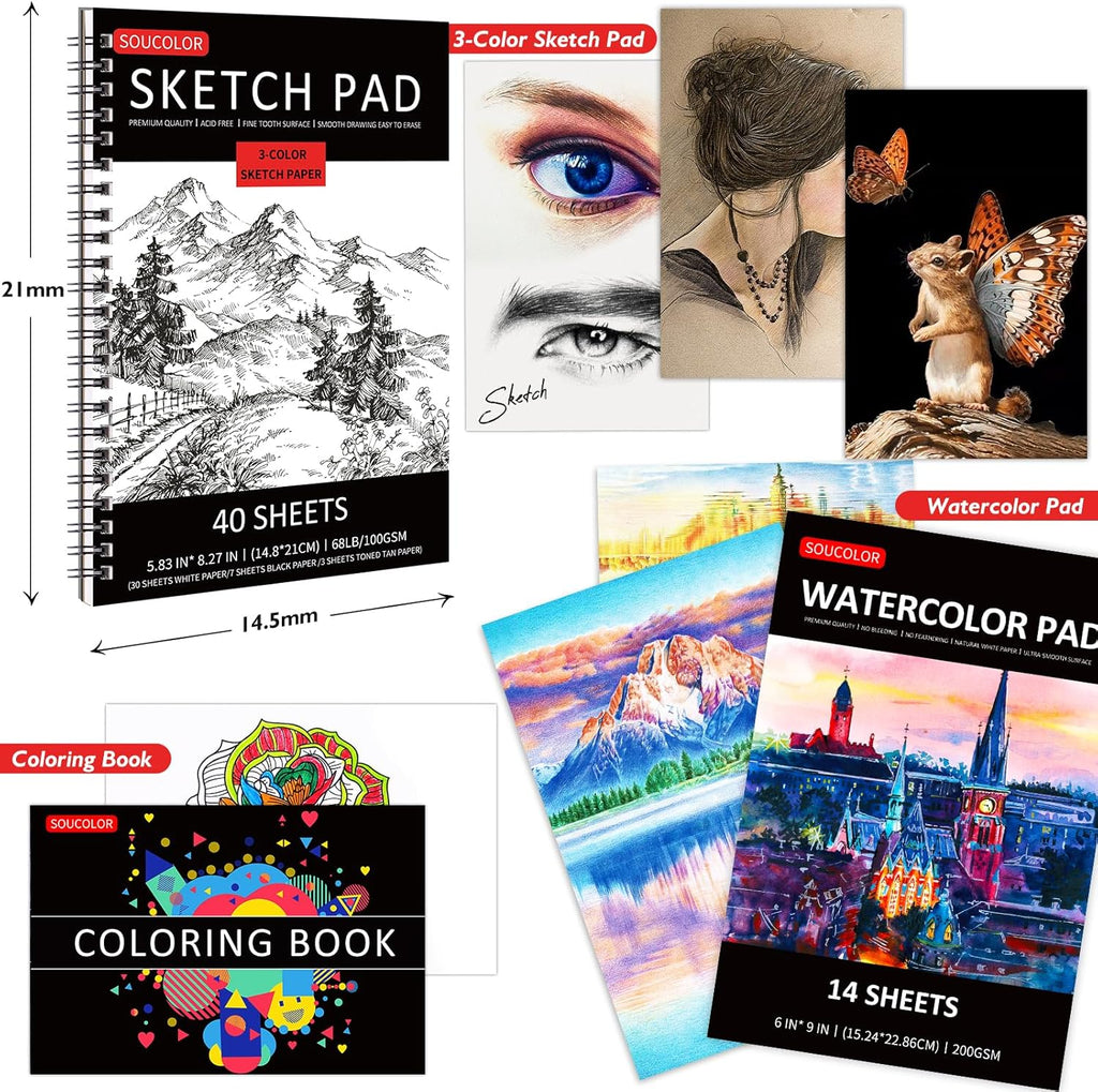 Soucolor 76 Pack Drawing Set Sketching Pencils Kit with 3-Color Sketch Book, Watercolor Pad, Coloring Book, Colored, Graphite, Charcoal, Watercolor, Metallic Pencils for Artists Adults Teens Beginner