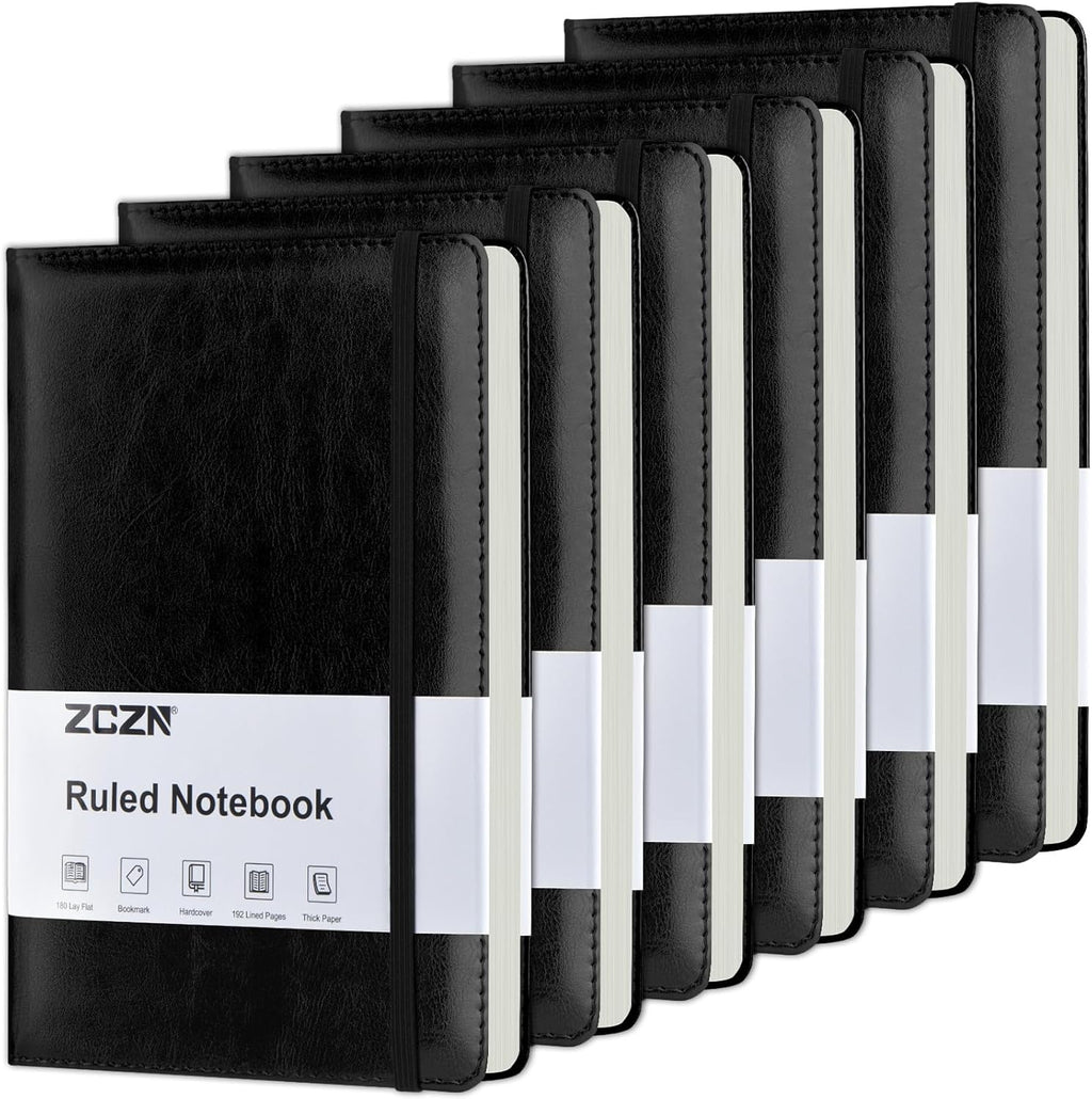 ZCZN Lined Journal Notebooks for Work, 5.5x8.3 in, 192 Pages, Hardcover Leather A5 Journals for Writing, Diary & Travel, College Ruled Journaling Notebooks for School, Office, Home (Black*6)