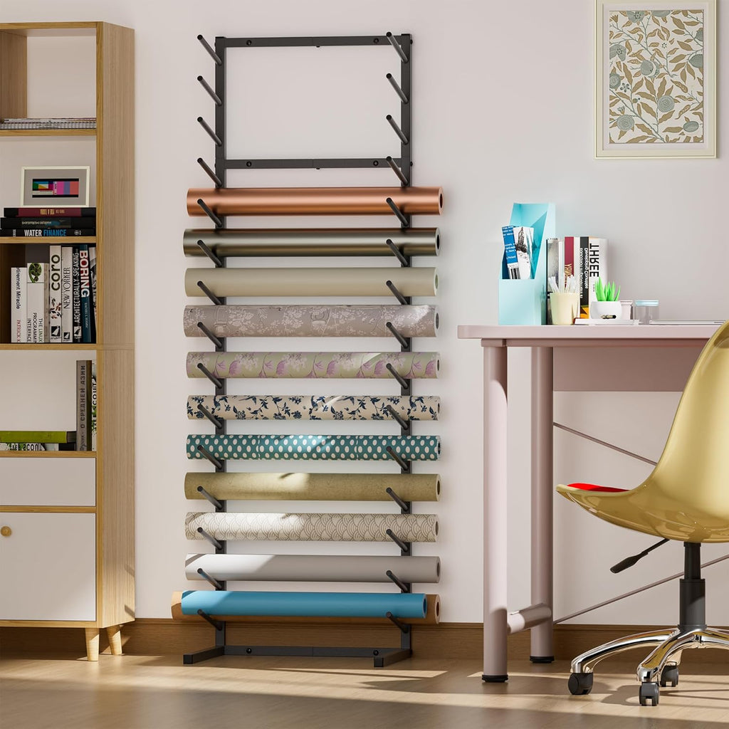 GIOTORENT Wall Mount Blueprint Storage Rack,15-Tier Heavy Duty Blueprint Holder for Construction Plan, Posters,Vinyl Rolls, Art Prints, Max 30lb/Arm, Easy Mount for Home, Office(Matte Black)