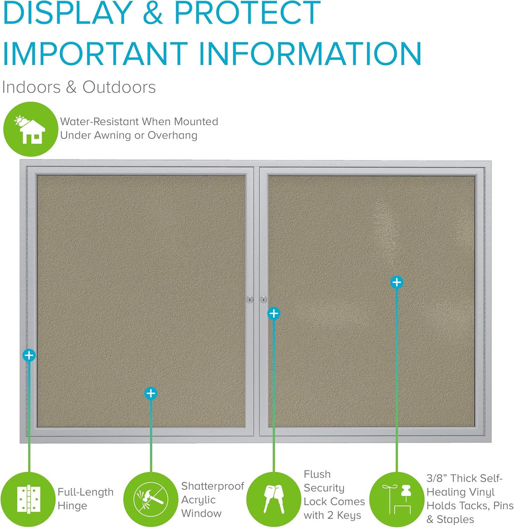 Ghent 36"x60" 2-Door Outdoor Enclosed Vinyl Bulletin Board, Shatter Resistant, with Lock, Satin Aluminum Frame - Caramel (PA23660VX-181), Made in the USA