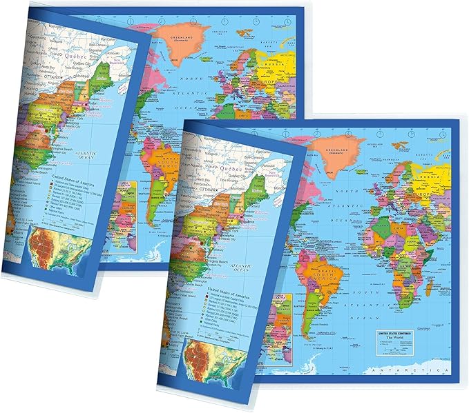 2-Sided Desk Map with Durable Lamination (2 Desk Maps: US Map/US Centered World Map)