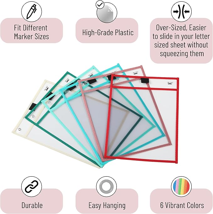 Mr. Pen- Dry Erase Pocket Sleeves, 10"x14", 6 pcs, Colorful Dry Erase Sleeves, Plastic Sleeves for Paper 8.5x11, Dry Erase Pockets Reusable Sleeves, Plastic Paper Sleeves, Dry Erase Sheet Protectors