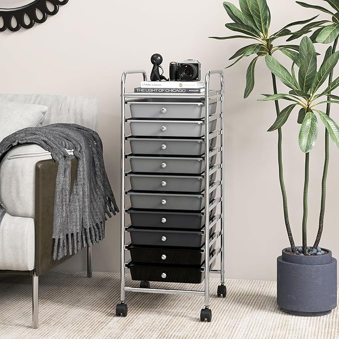 Storage Cart, Rolling Utility Cart with 10 Drawers, Portable Handles & Lockable Wheels, Mobile Paper Toys Storage Organizer Large Capacity for Home Office School Teacher (Gradient Black)