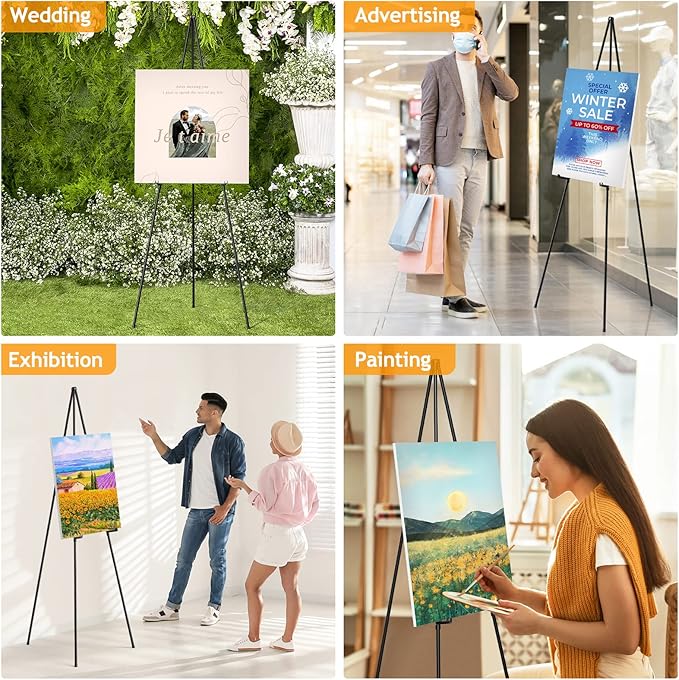 Thicken Display Artist Easel Stands - 63" Instant Tripod Collapsible Portable Floor Easels - Easy Folding Adjustable Art Poster Metal Stands for Display Show, Wedding, Painting - Black 2pack
