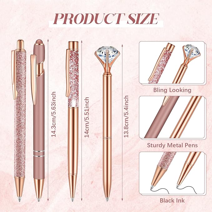 Sabary 8 Pcs Ballpoint Pens with Pen Holder for Desk Metal Crystal Diamond Pen Glitter Pencil Holder Fancy Pens Black Ink Bling Desk Organizer for Women Girls Office School Wedding Gifts (Rose Gold)