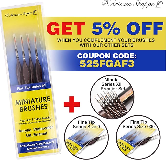 Fine Tip Detail Paint Brushes. Miniature Brushes for Detailing Art for Acrylic Watercolor Oil - Models, Airplane Kits, Craft, Rock Painting Artist Supplies. Size 1 Round Tiny Paintbrush