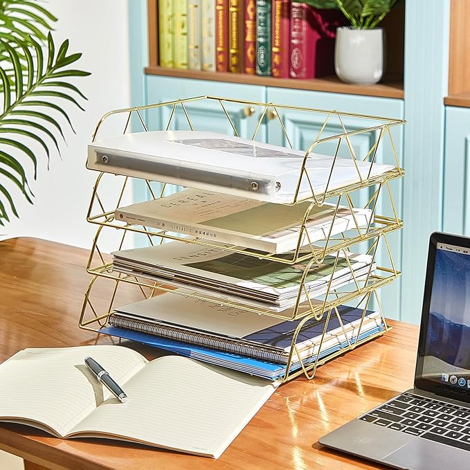 Yeaqee 4 Tier Stackable Paper Tray Gold Desk Organizer Rack Metal Letter Desk File Organizer Horizontal Holder File Trays for Desk Office Desktop Supplies and Accessories