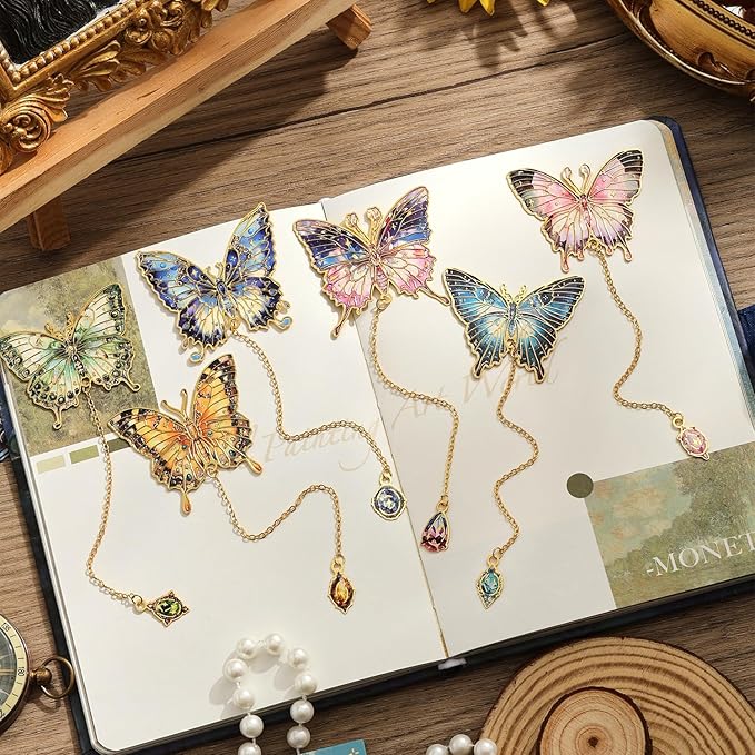6 Pieces Metal Butterfly Bookmarks with Chain, Golden Hollow Bookmark Monet Van Gogh Oil Painting Theme Book Mark Bookmarks for Book Lovers Writers Readers Children Teens for Women