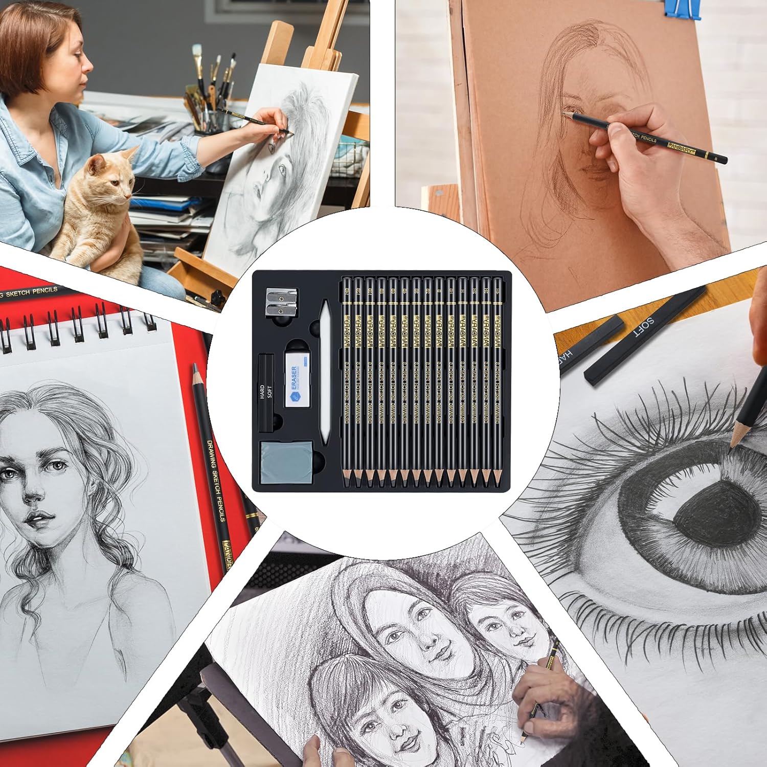 PANDAFLY 20-Piece Professional Sketch Pencil Set - Includes 4H to 14B Graphite Pencils, Charcoal Sticks, Vinyl Eraser, Kneaded Eraser, Sharpener, Blending Stump - Ideal for Artists and Beginners
