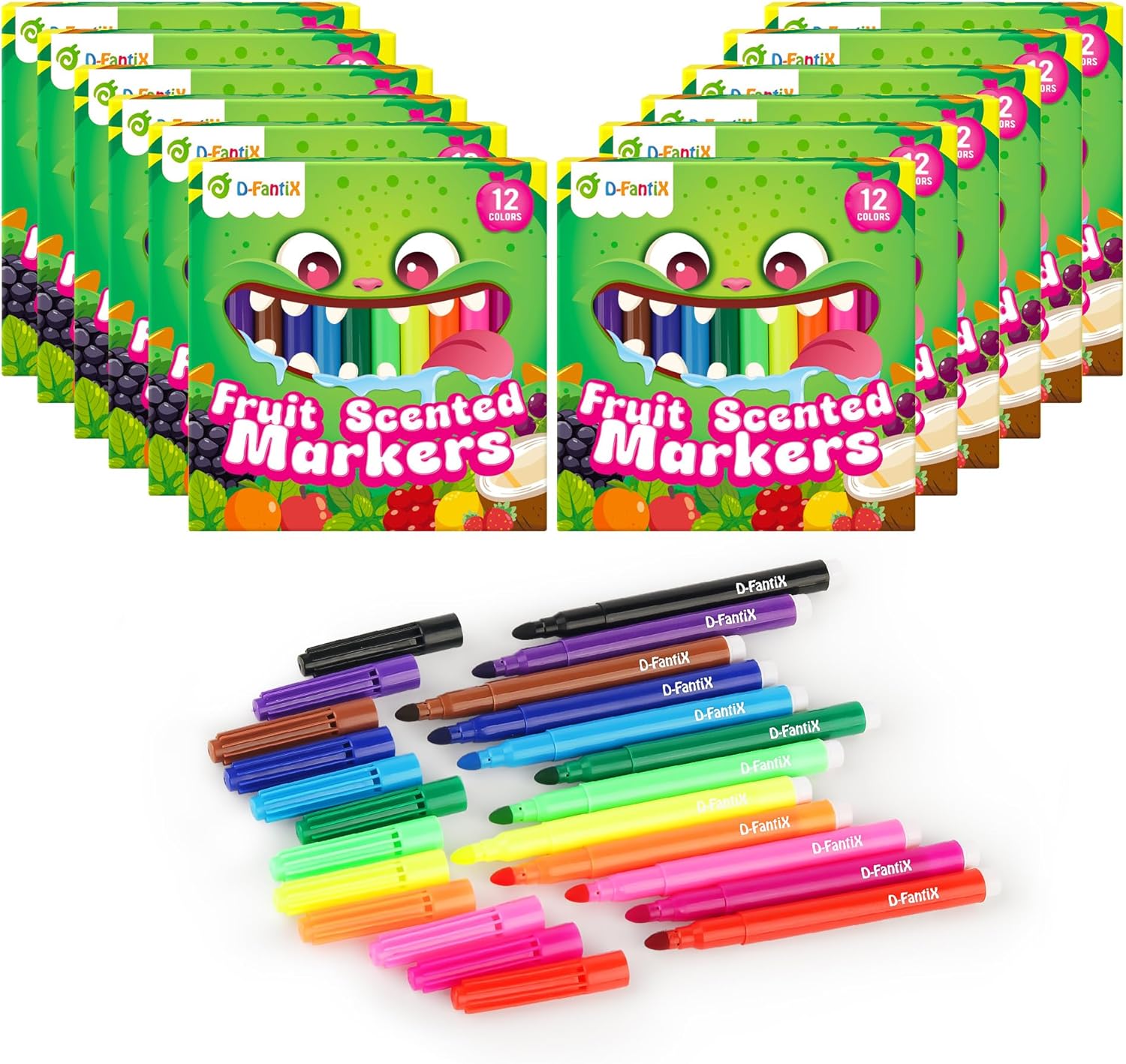 D-FantiX 12 Packs Fruit Scented Washable Markers for Kids Toddlers, 144 Count Coloring Markers Set, Bulk Art Supplies, Back to School Supplies, Gifts for Party Favors, Classroom Prizes, Donations