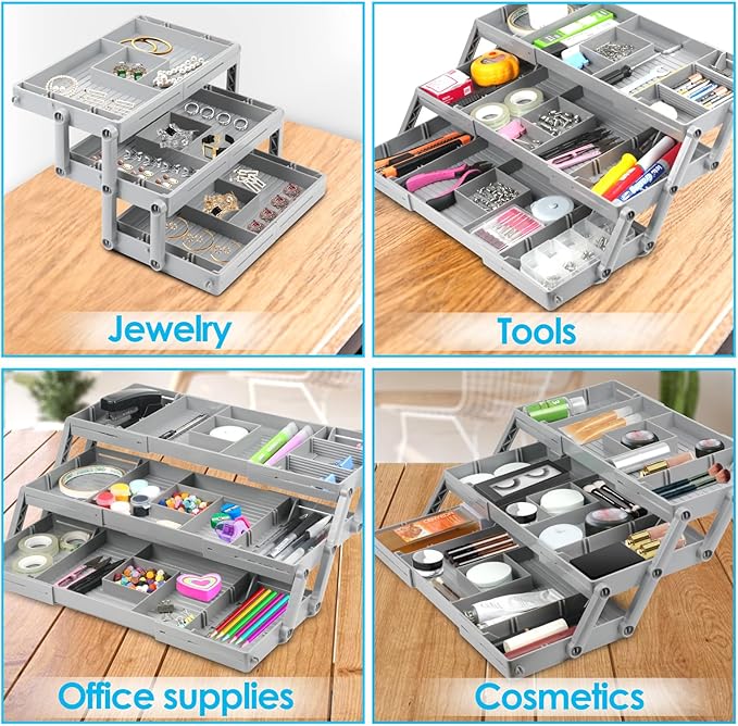 3 Tier Drawer Organizer, Multi Level Smart Drawer Organizer for Desk, Expandable Junk Organizer for Office, Makeup, Jewelry, Kitchen, Folding Storage Organizer for Home and Office Drawers