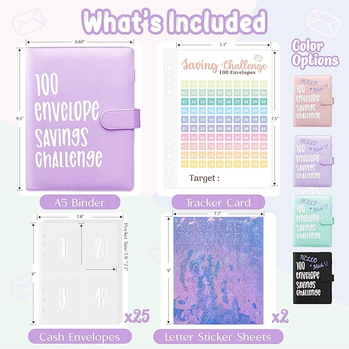 Axolotl 100 Envelopes Money Saving Challenge Binder, A5 Savings Budget Challenges Binders with Cash Envelopes, 100 Days Envelope Saving Binder Book, Budget Planner (Matt Purple)