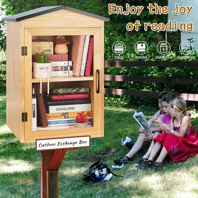 Outdoor Library Box Literature Exchange Box Outdoor Book Storage Little Wood Cabinet for DIY, Neighborhoods Community and Schools Sharing Books, Literature and Newspapers (16x14x25 Inch)