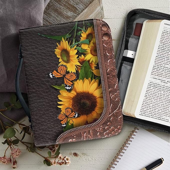 Lotusorchid Bible Covers for Women Men PU Leather Bible Case, Portable Sunflower Butterfly Bible Bag Tote Book Carrying Case Christian Bible Accessories with Handle Pocket, Brown,XL