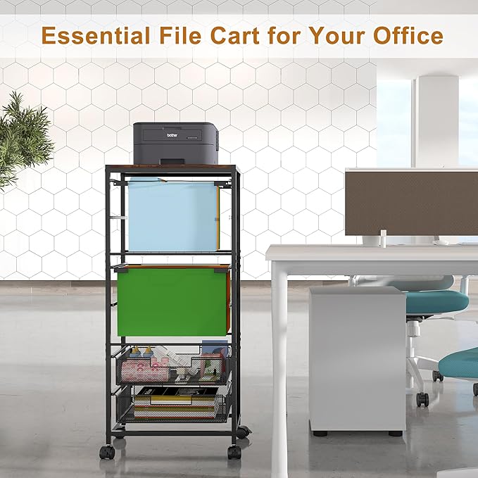 EasyPAG Rolling File Cart on Wheels with 2 Mobile Letter & Legal Size Hanging File Folder Rack and 2 Pull-Out Drawers for Home Office, Black