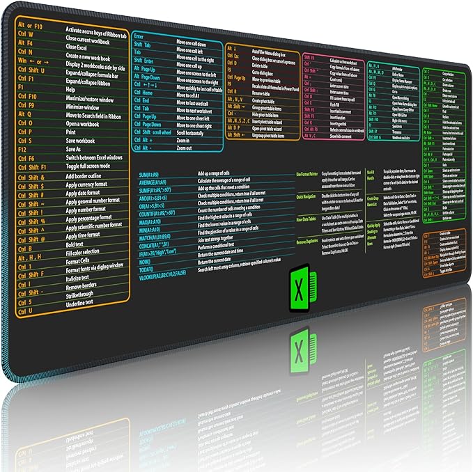 Large Excel Cheat Sheet Desk Pad, 31.49" x 11.81" Cheat Table Gaming Mousepad, Over 150 Excel Shortcuts, Non-Slip Sewn Edge, Suitable for Office Use, Employee Appreciation Gift