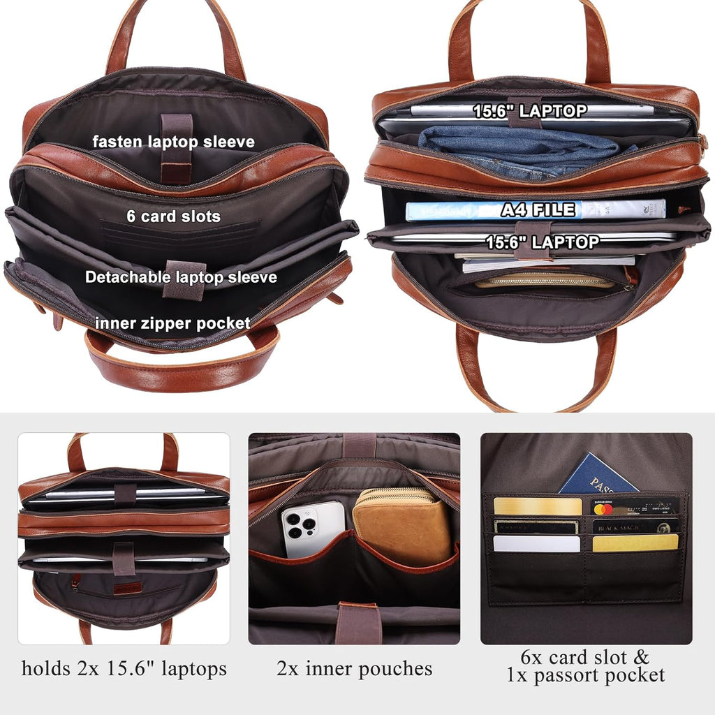 Masa Kawa Leather Briefcase for Men 15.6" - 17" Laptop Computer Case Business Travel Work Messenger Cross Body Shoulder Bag