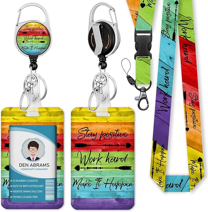Lanyards for Id Badges, Positive Badge Holder with Retractable Reel Clip, Inspirational Quote Name Tag Keychain Rainbow Lanyard Vertical ID Card Protector for Women Nurse Doctor Teacher Student