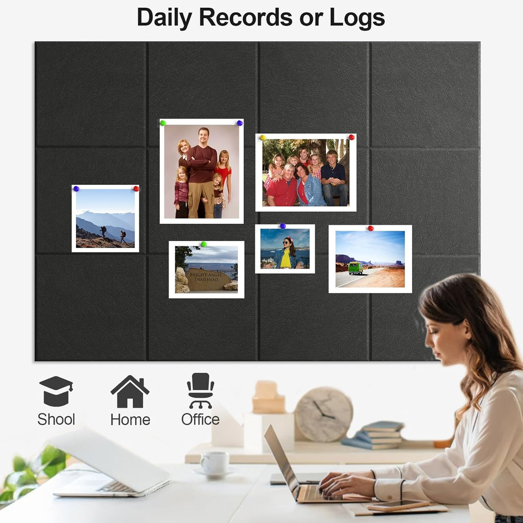 Large Cork Board for Walls 47" x 35" 12 Pack Black Bulletin Boards Felt Wall Tiles with Safe Removable Adhesive Corkboards for Office Home,Black