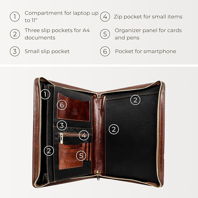 Time Resistance Leather Portfolio - A4 Document Folder - Padfolio - Italian Handcrafted Organizer Folio - Gift Box Included