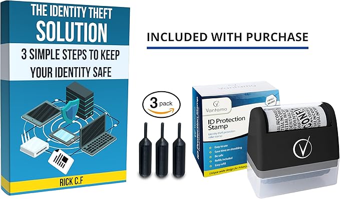 Identity Theft Protection Roller Stamps Wide Kit - Confidential Roller Stamp, Anti Theft, Privacy & Security Stamp, Designed for ID Blackout Security - Classy Black with 3 Refills
