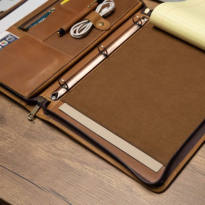 YIWEN Handmade Crazy-Horse Leather 3 Ring Binder Portfolio Padfolio Folder with Zipper for Men and Women, Business Organizer for Letter A4 Size for Meeting and Travel (Custom Engraved, Brown)