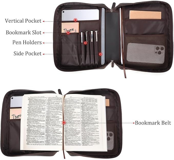 Polare Full Grain Cowhide Leather Bible Cover Church Bag Bible Protective Book Holder Carrying Case Folder Organizer Portfolio (Dark Brown with Shoulder Strap)