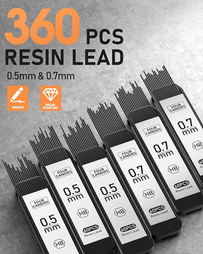 Four Candies 2PCS Metal Mechanical Pencils Set with Case, 0.5mm & 0.7 mm Artist Pencil with 6 Tubes (360PCS) HB Lead Refills, 3 Erasers,9 Eraser Refills For Writing Drafting, Drawing, Silver