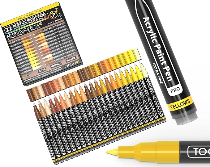 Acrylic Paint Pens 22 Yellow & Brown Tones Assorted Pro Color Series Markers Set 0.7mm Extra Fine Tip for Rock Painting, Glass, Mugs, Wood, Metal, Canvas, Projects, Non Toxic, Waterbased, Quick Drying