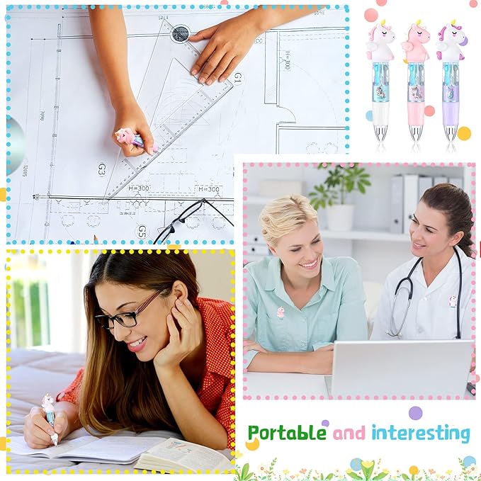 Chinco 12 Pieces Retractable Unicorn Pens 4-in-1 Multicolor Ballpoint Pen Unicorn Candy Party Favor Colored Ink Mini Party Favors for Girls Kids Classroom Prizes Birthday Gifts(Fat Unicorn)