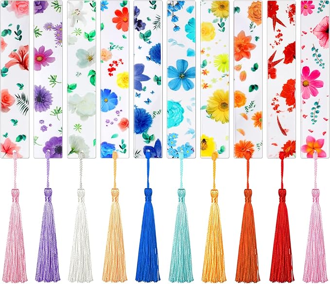 20 Pieces Flower Resin Bookmark Transparent Floral Bookmarks for Women Cute Bookmarks Flower Page Marker with Tassels Graduation Gifts for Women