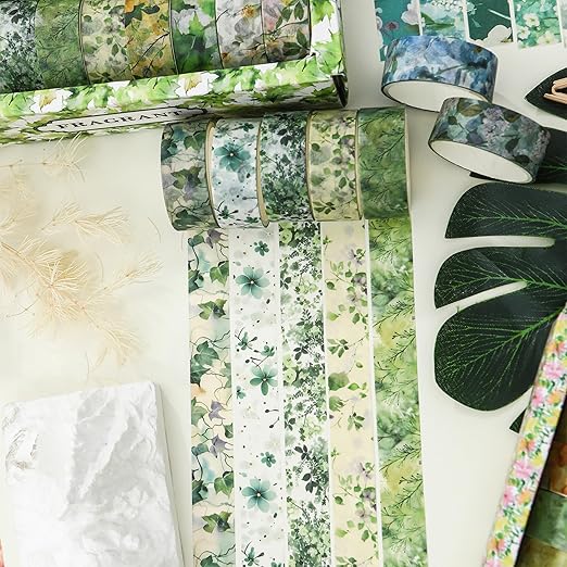 18 Rolls Blossom Washi Tape Set Floral Arts Adhesive Tapes Flowers Garden Decorative Masking Tape Sets for Craft, Kids, Scrapbook, DIY, Gift Wrapping (Emerald Vines)