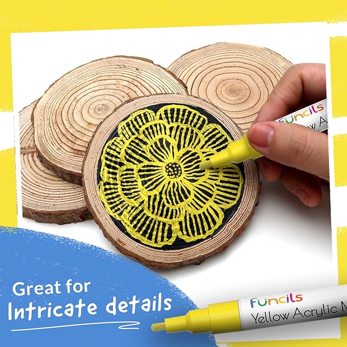 5 Acrylic Yellow Paint Pen - Extra Fine Tip, Thin & Jumbo (1mm, 3mm, 6mm, 10mm, 15mm) - Yellow Paint Marker for Metal, Fabric, Canvas, Wood, Rock Painting, Glass Markers, Water-based ink