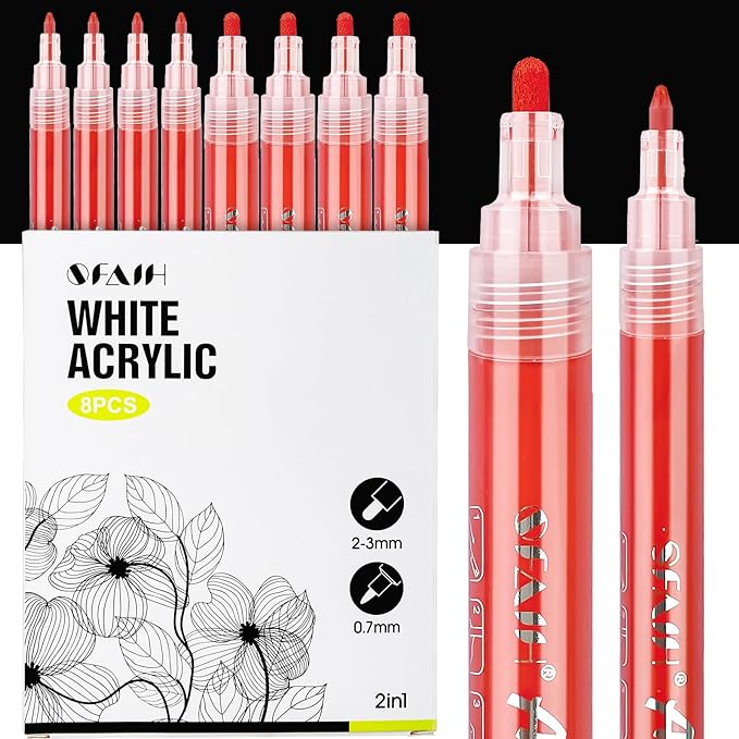 SFAIH Acrylic Red Paint Pens - 8 Pack 2-3MM Medium Tip & 0.7MM Extra Fine White Paint Marker for Rock Painting, Wood, Metal, Fabric, Canvas, Glass, Ceramic, Diy Crafts