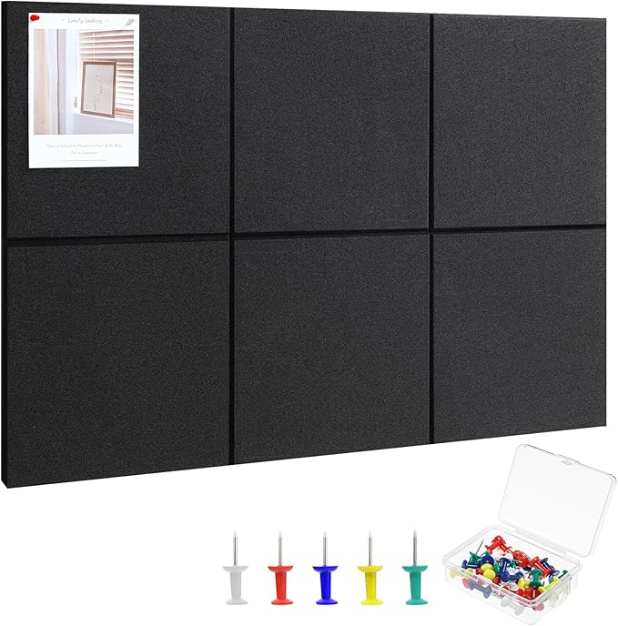 Large Cork Board 36" x 24", 6 Pack Felt Wall Tiles with Colored 30 Pcs Pushpins, Black Bulletin Board with Removable Self-Adhesive Strips, Pin Board Cork Boards for Walls Office Home- Black