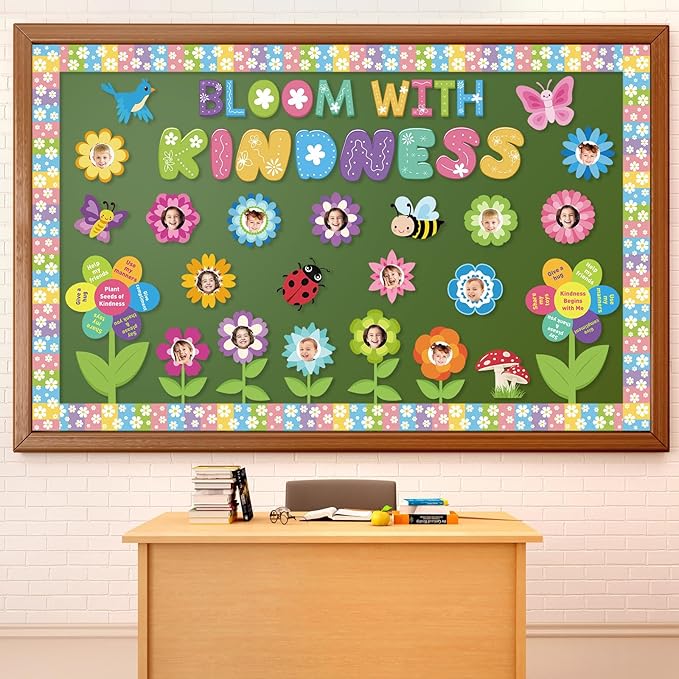Kosiz Spring Kindness Bulletin Board Decorations Set Flower Paper Cutouts Bloom with Kindness Colorful Butterfly Bee Bird Classroom Decorations with Floral Border for School Chalkboard Wall Door Home