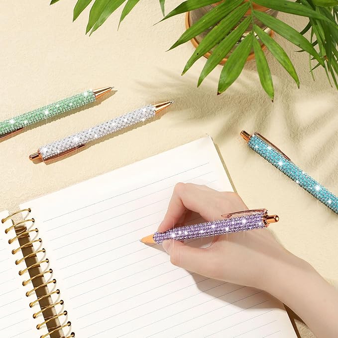 Ireer 4 Pcs Bling Rhinestone Sparkly Pens for Women Diamond Ink Crystal Glitter Metal Ballpoint Bedazzled Fancy Pens 4 Pcs 1.0mm Refills(Purple,Green,Blue,White)