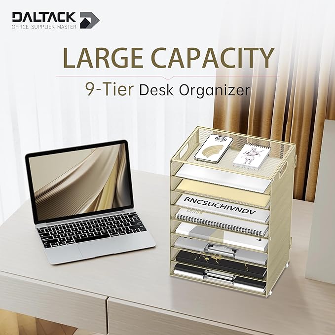 DALTACK 9-Tier Paper Letter Tray Desk Organizer with Handles, Mesh File Holder Organization, File Organizer for Desk Paper Sorter for Office Home School, Golden Yellow