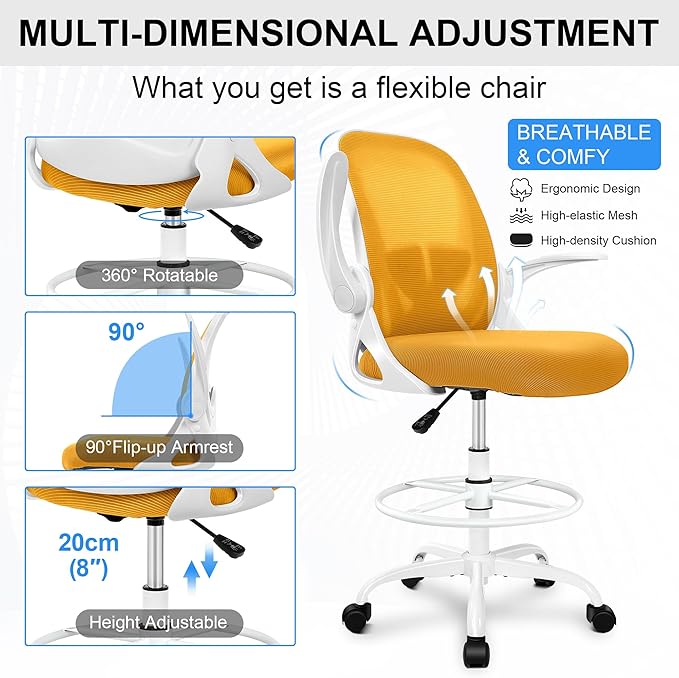 Primy Drafting Chair Tall Office Chair with Flip-up Armrests Executive Ergonomic Computer Standing Desk Chair with Lumbar Support and Adjustable Footrest Ring（Yellow）
