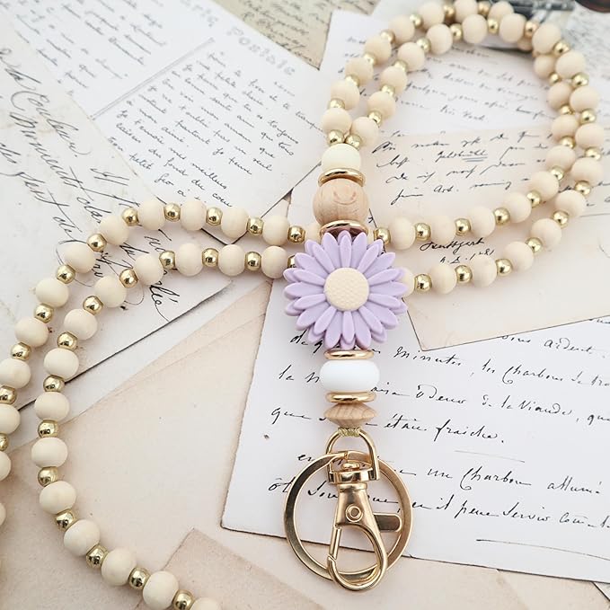 Wooden Teacher Lanyards for Id Badge Cute Flower Wood and Gold Beaded Lanyards for Women for Nurse Badge
