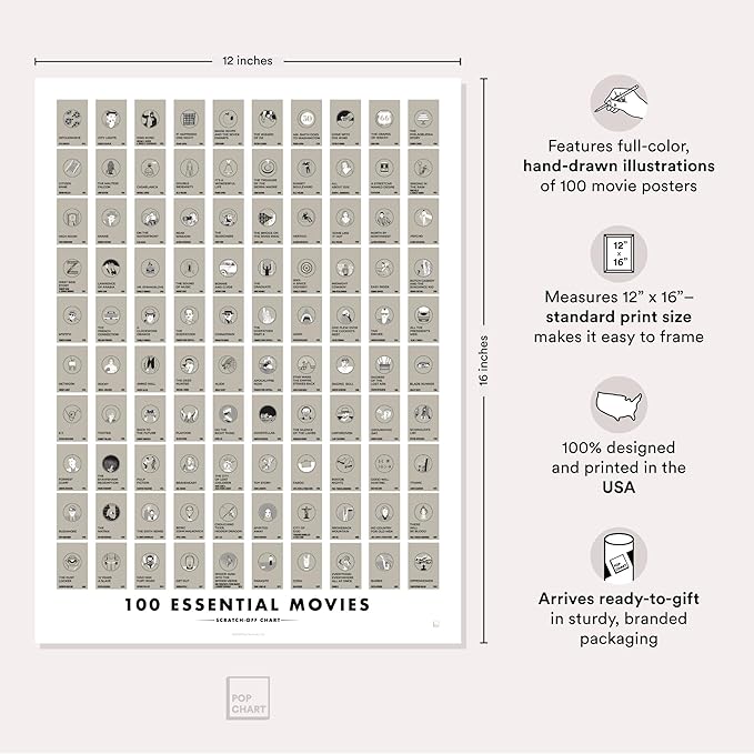 Pop Chart | 100 Essential Movies Scratch-Off Chart | 12" x 16" Scratch-Off Poster | Original Bucket List Poster of Must-See Movies | Featured in Wirecutter and on Huckberry