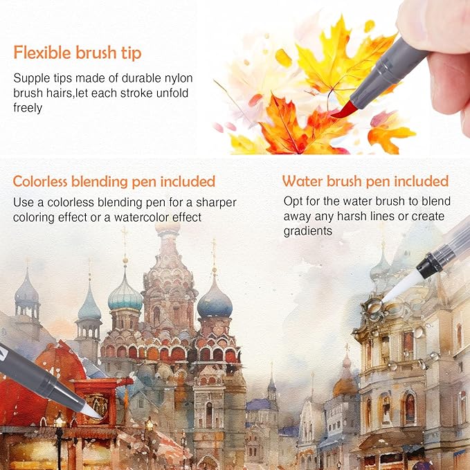 Watercolor Pens Set, 72-Color Dual Tip Paint Markers, Water-Based Coloring Markers with 1 Aquapen, 3 Colorless Blenders, 2 Black Markers, and 12-Page Pad, Art Supplies for Artists and Beginners