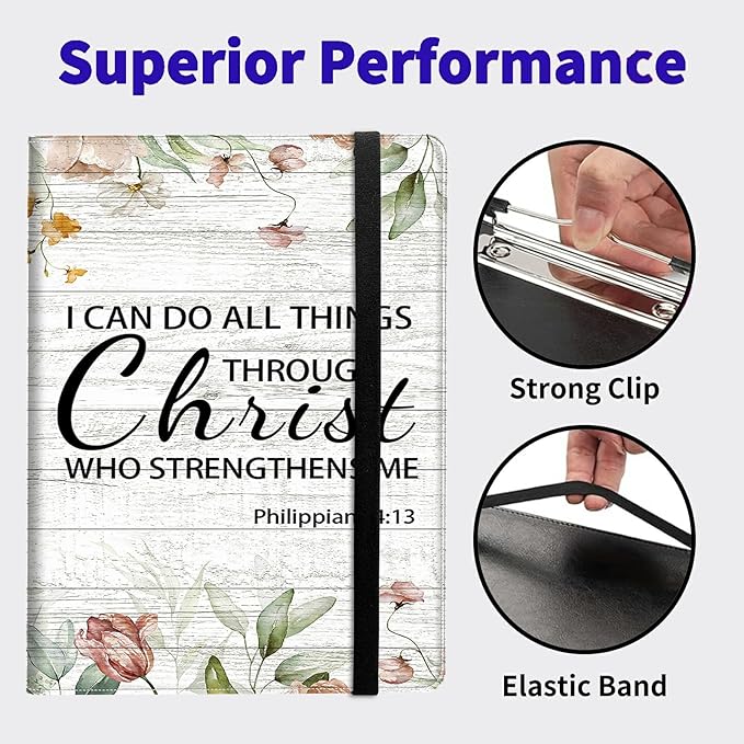 Bible Philippians 4:13 PU Leather Padfolio Clipboard Notepad with Pen Loop and Elastic Strap Interview/Resume Document Organizer for Business School Office
