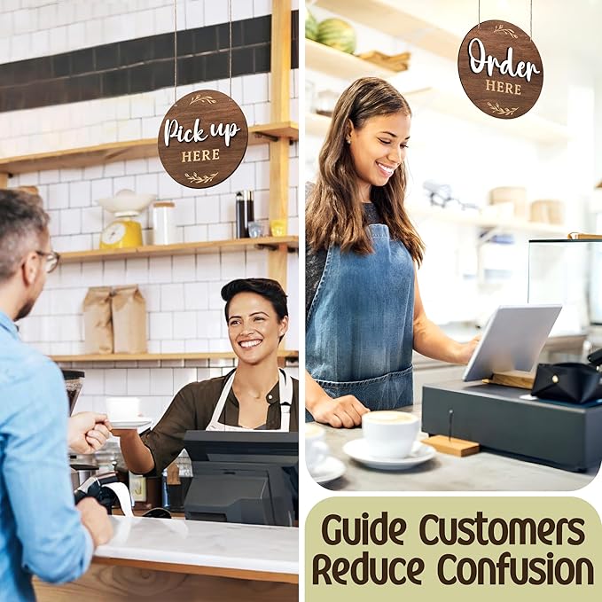 Order Here Pick Up Here Signs - 2 Pack Wood Order Here Sign For Restaurant, Cafes, And Bars